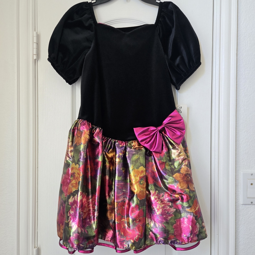 Vintage Bonnie Jean Girls Black Velvet and Pink Floral Bow Dress - Size 12 New